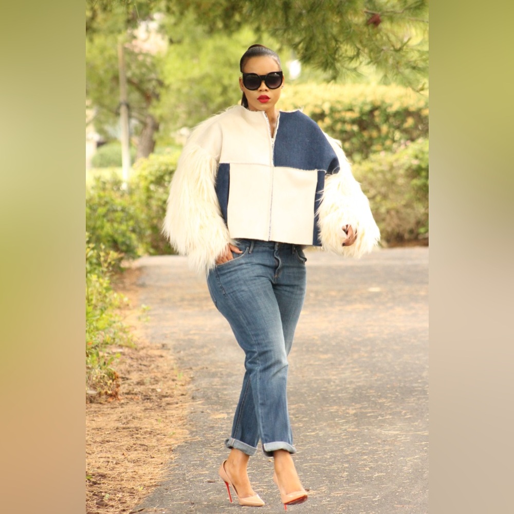NUDE Color Block Teddy Jacket with Faux Fur Sleeves